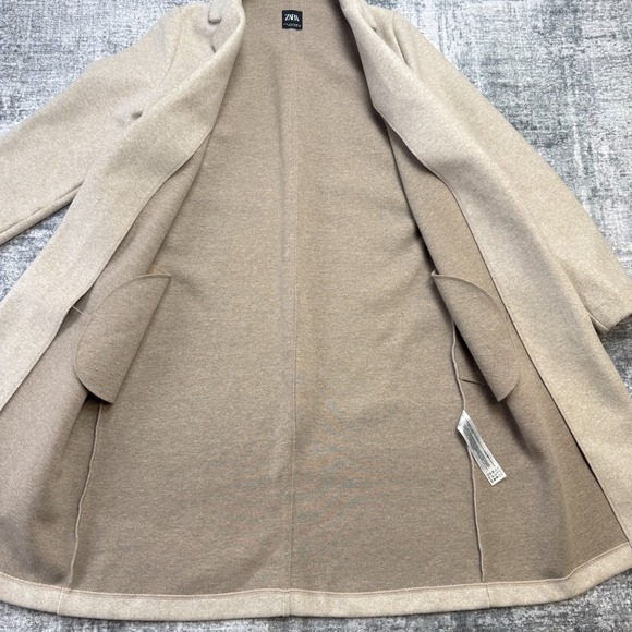 Zara Coat Womens Medium Beige Open Front Notch Lapel Collar Neutral Minimalist - Picture 7 of 15